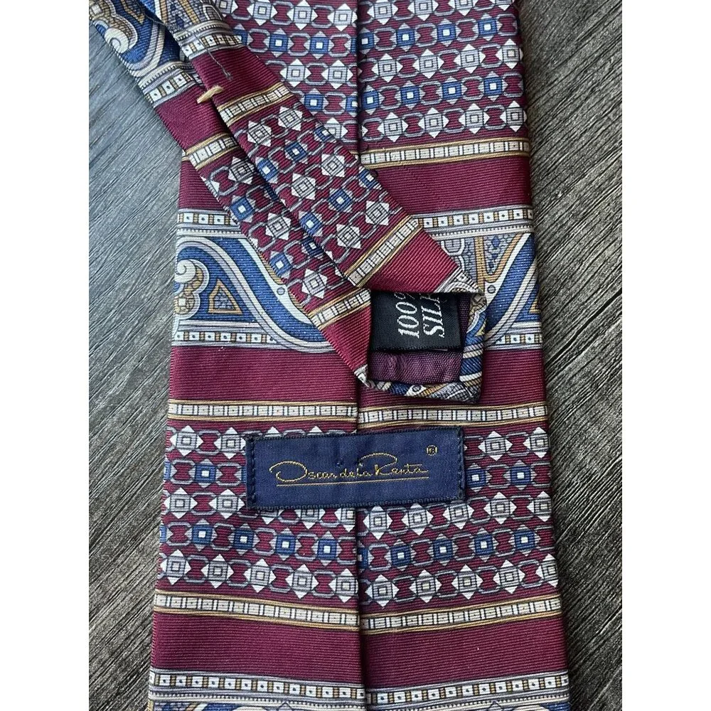 Vintage Oscar de la Renta 4” Wide Power Tie‎ - Burgundy Paisley & Geometric